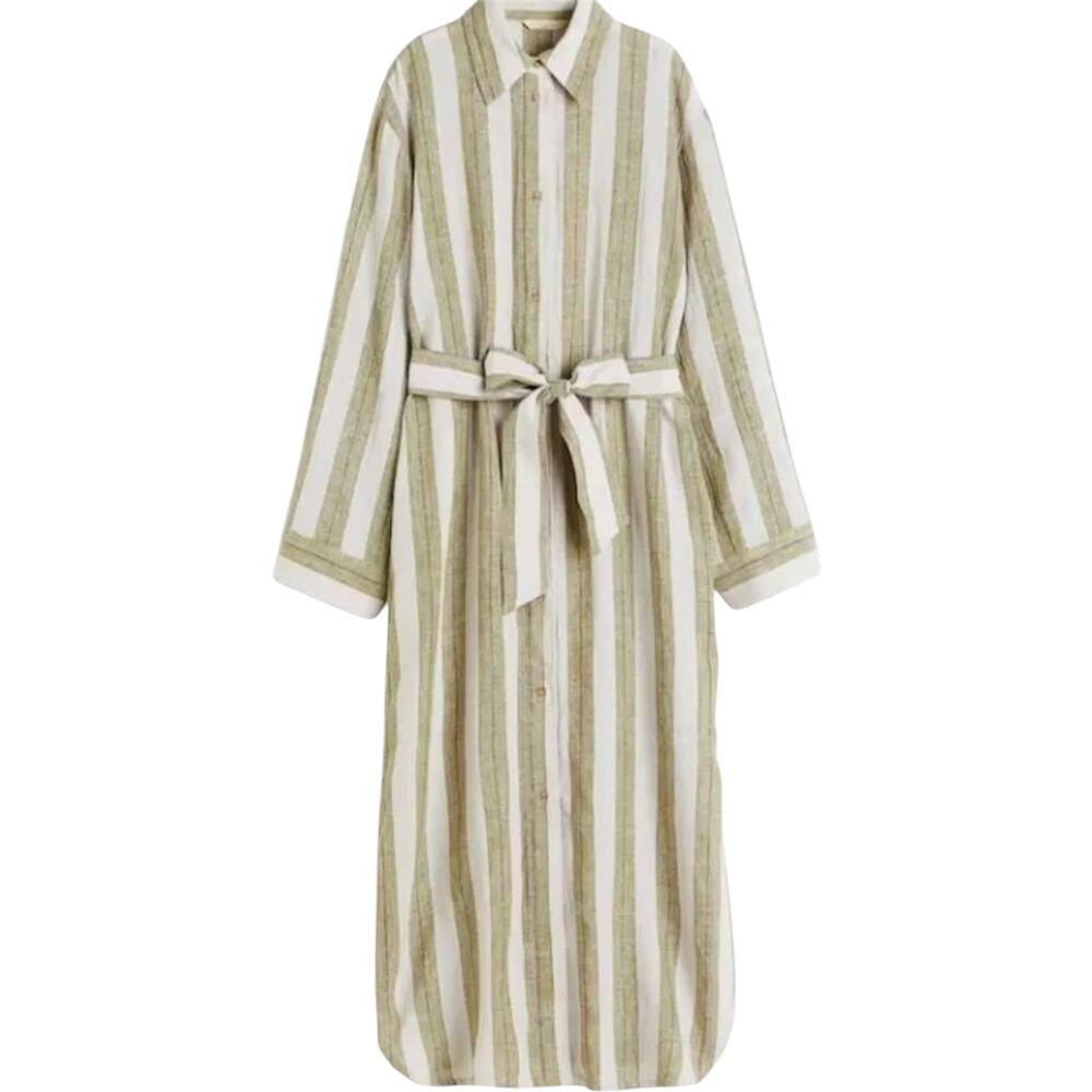H&M Linen Shirt Dress Maxi Striped Tie Waist Button Down Long Sleeve Green XS